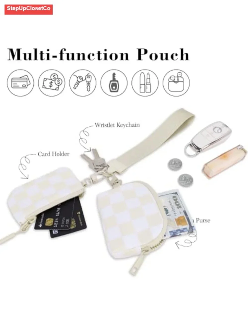 Quilted Nylon Wristlet Wallet with Detachable Dual Pouches, Women's Coin Purse,